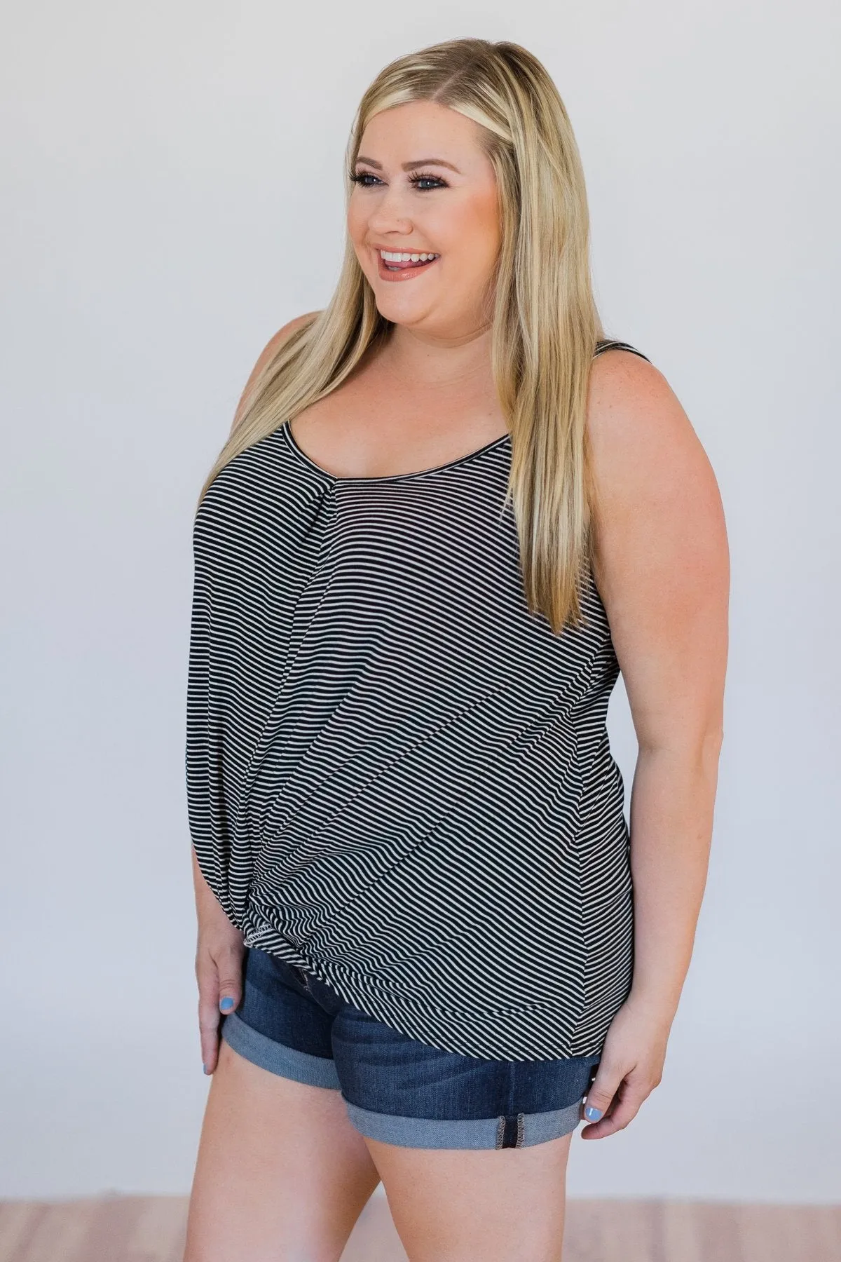 Effortless Cutie Striped Knot Tank Top- Black & White
