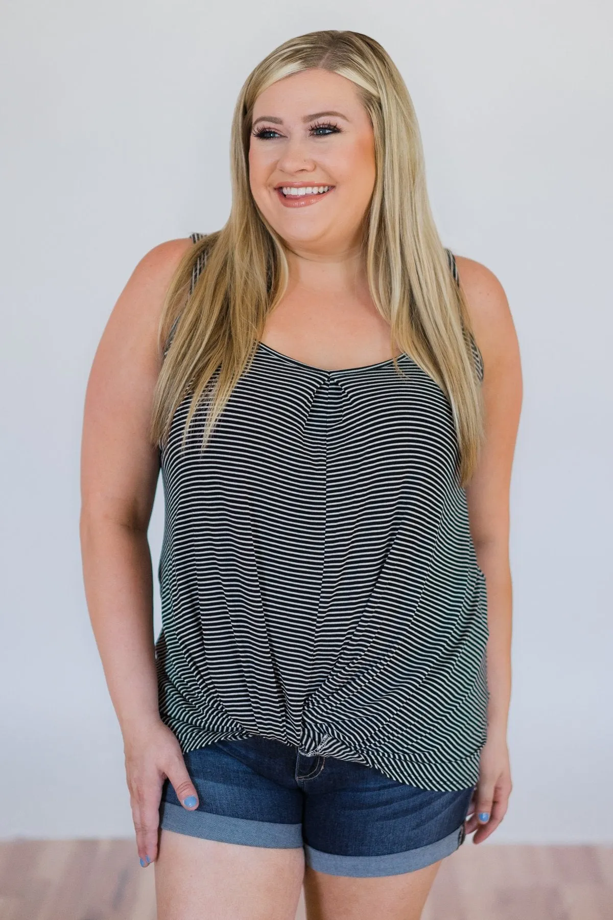 Effortless Cutie Striped Knot Tank Top- Black & White