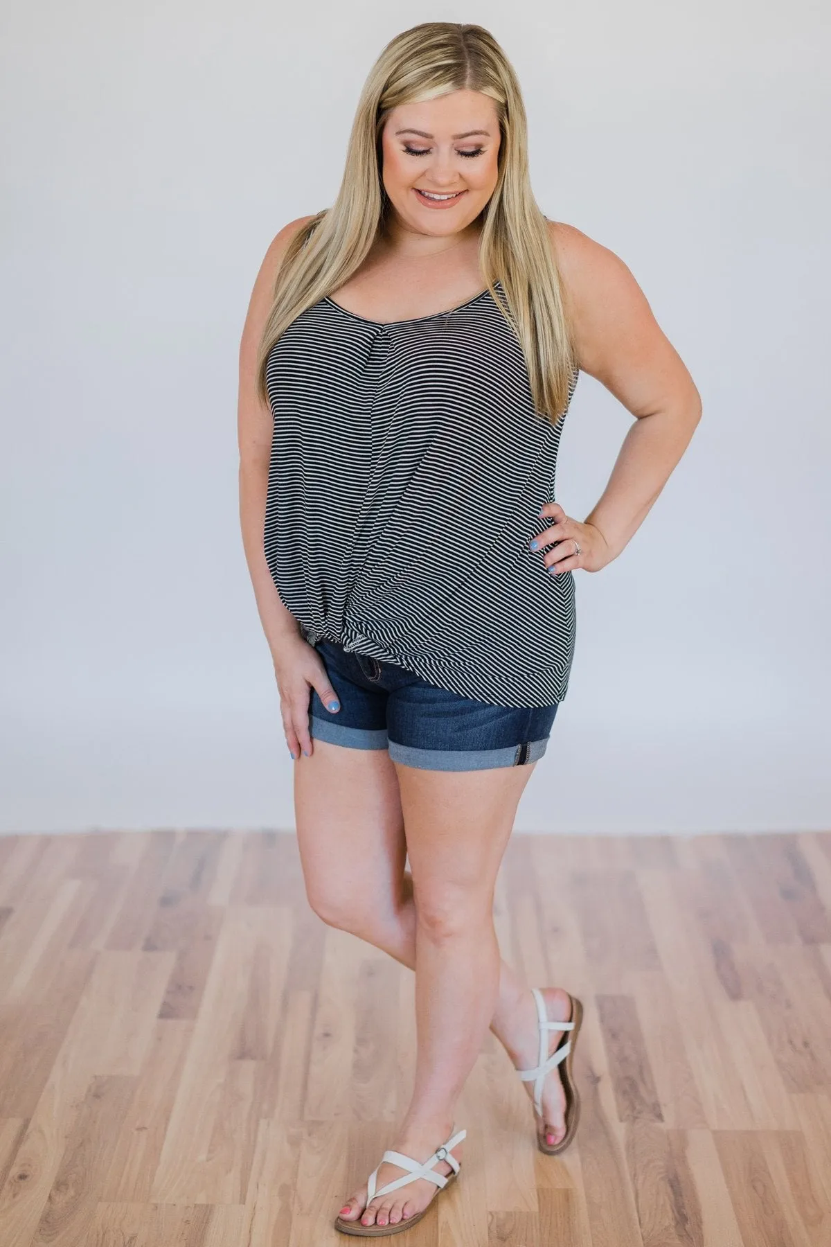 Effortless Cutie Striped Knot Tank Top- Black & White