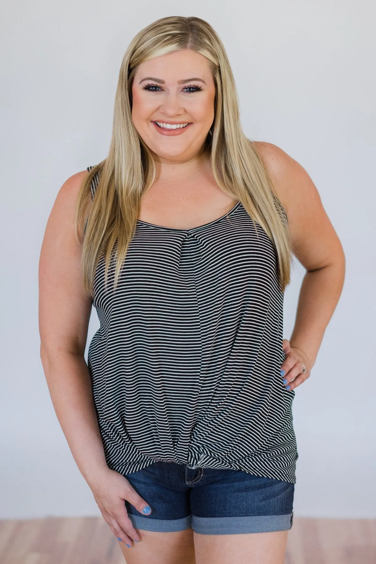 Effortless Cutie Striped Knot Tank Top- Black & White