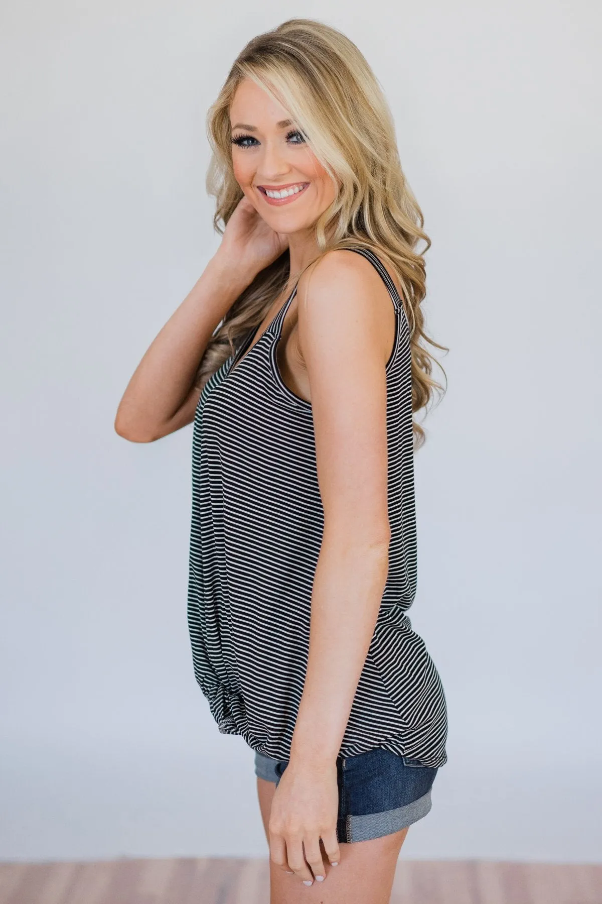 Effortless Cutie Striped Knot Tank Top- Black & White