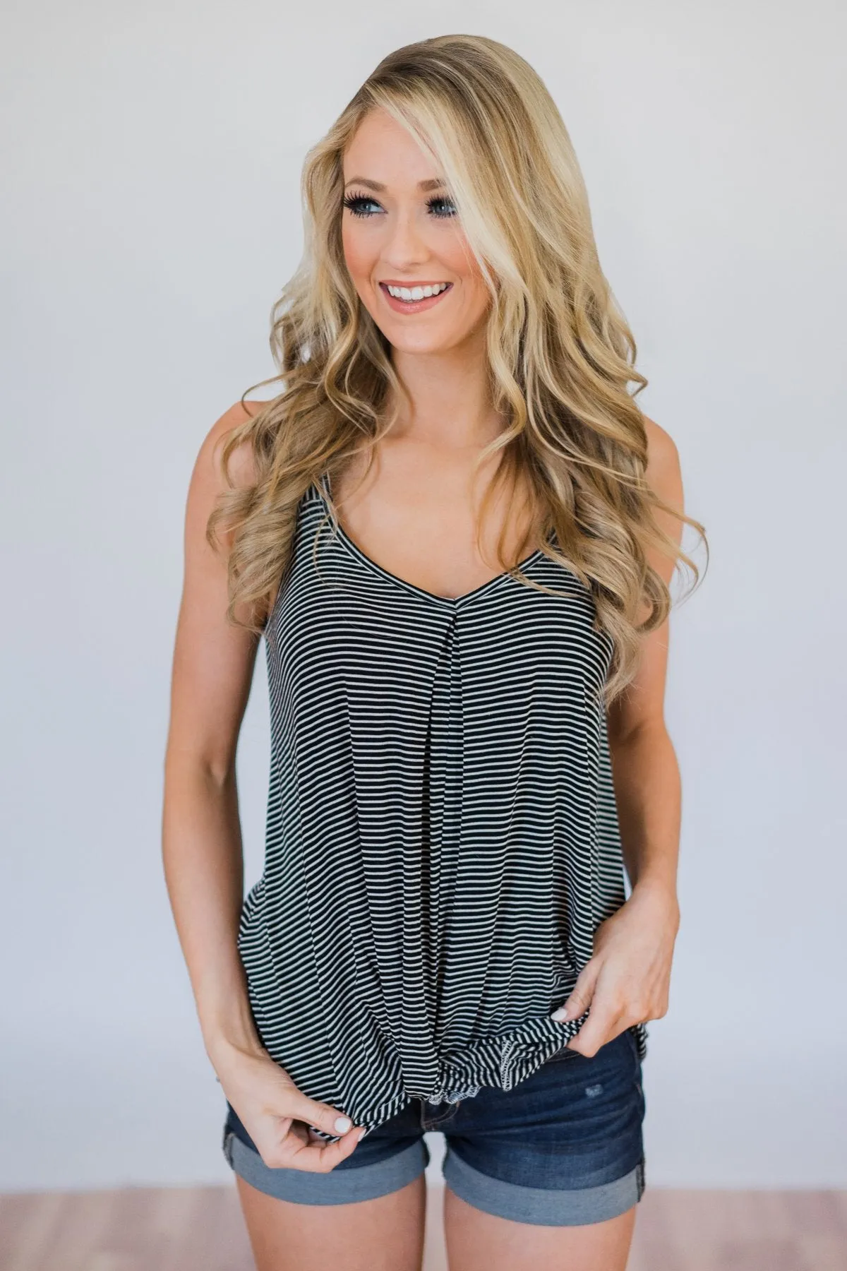 Effortless Cutie Striped Knot Tank Top- Black & White