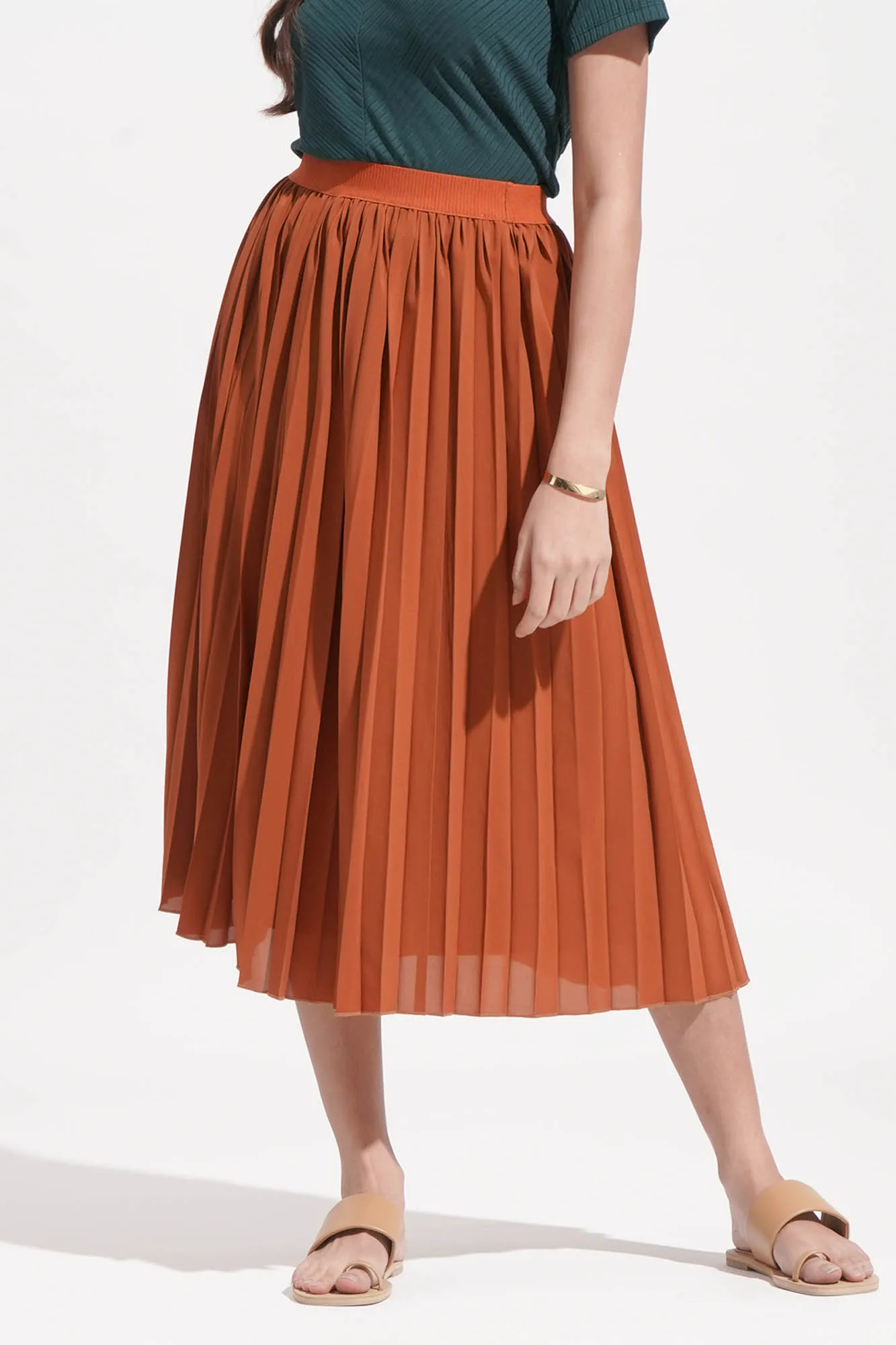 Elastic Waistband Pleated Midi Skirt