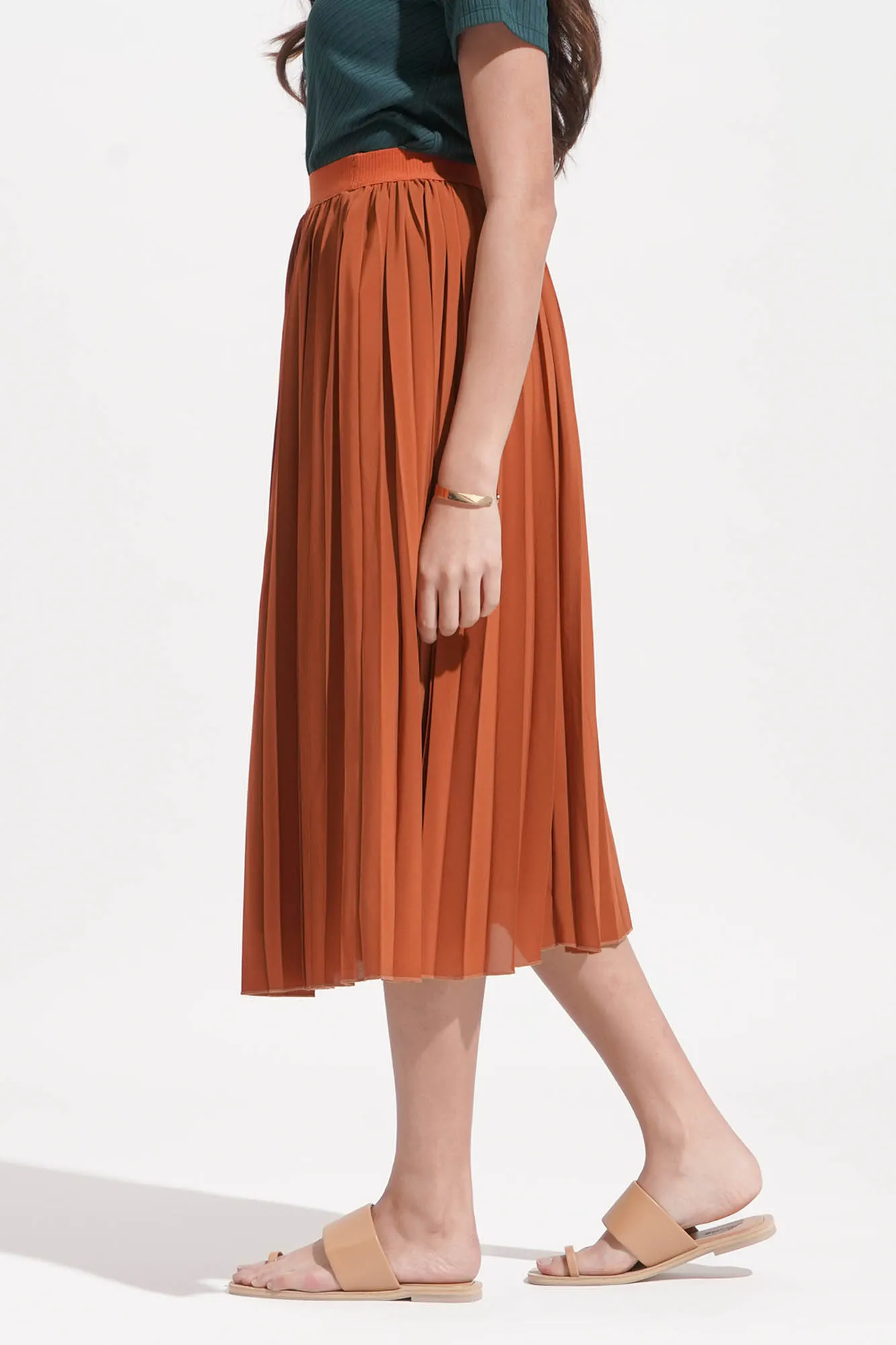 Elastic Waistband Pleated Midi Skirt