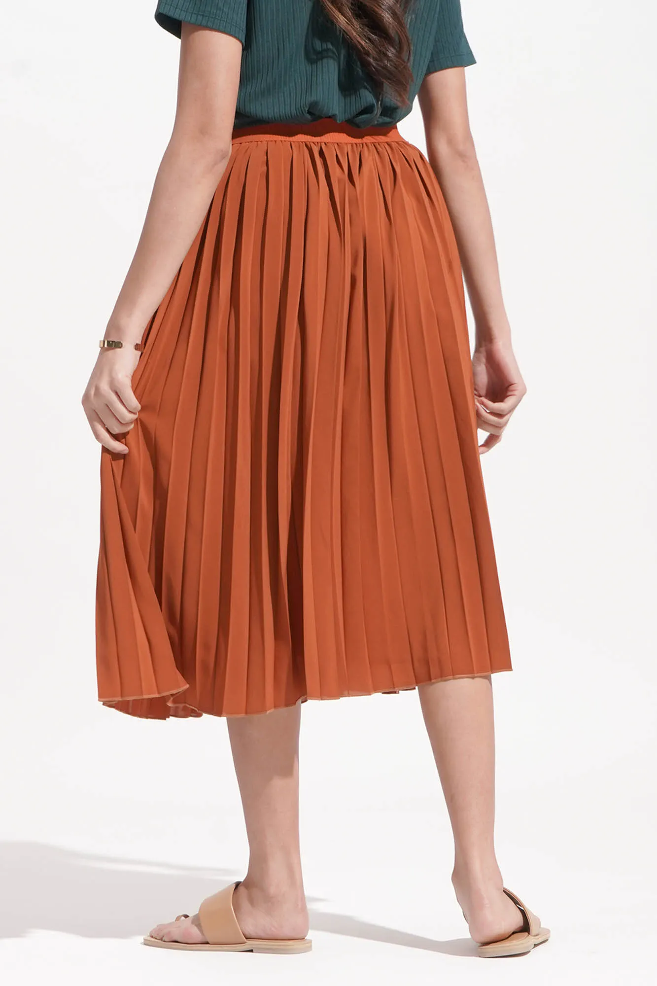 Elastic Waistband Pleated Midi Skirt