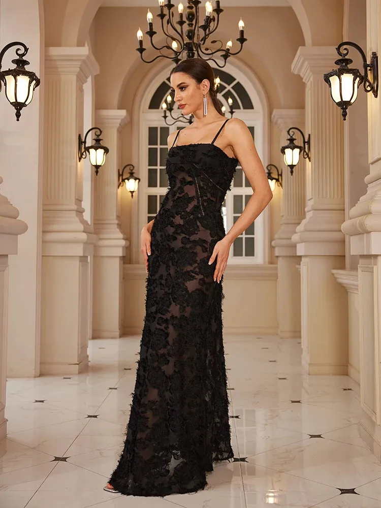 Elegance in Motion: Black Maxi Appliqué Formal Party Dress for Women