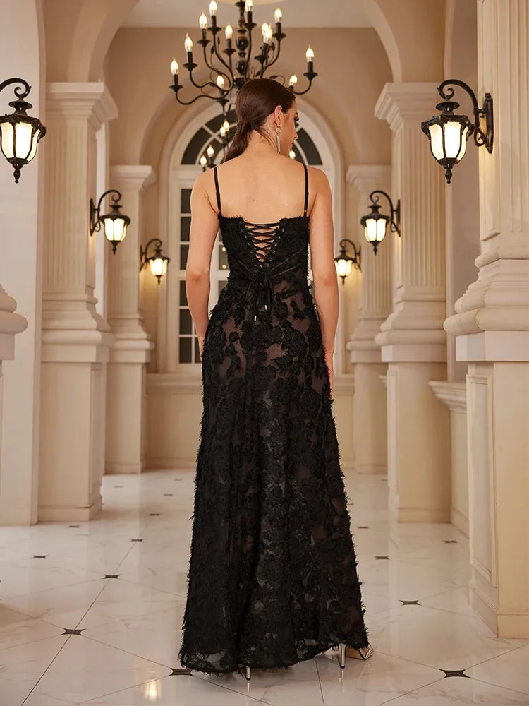 Elegance in Motion: Black Maxi Appliqué Formal Party Dress for Women