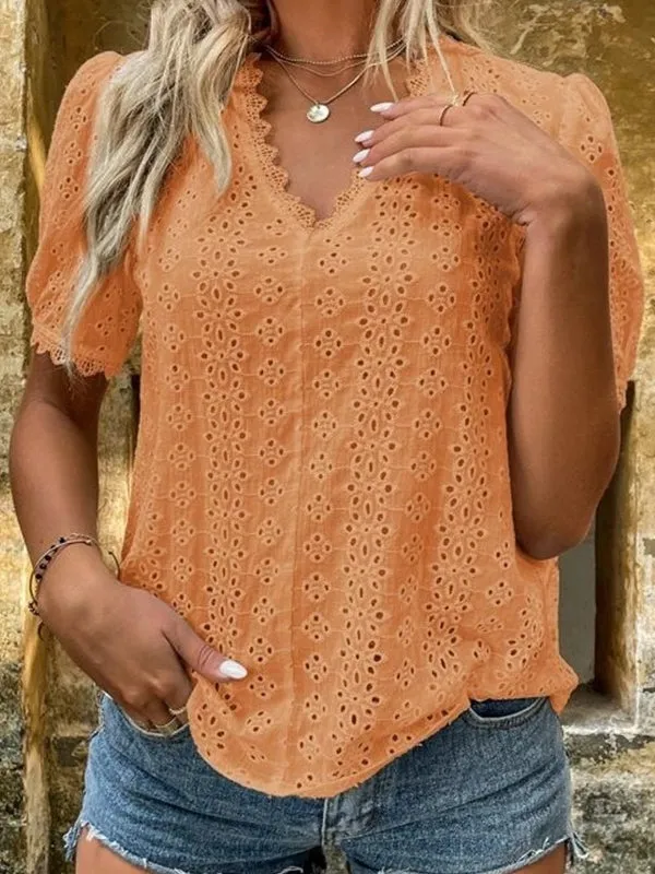 Elegant  V-neck Solid Shirt White Blouse
