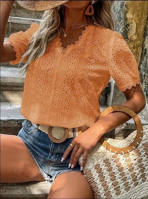 Elegant  V-neck Solid Shirt White Blouse