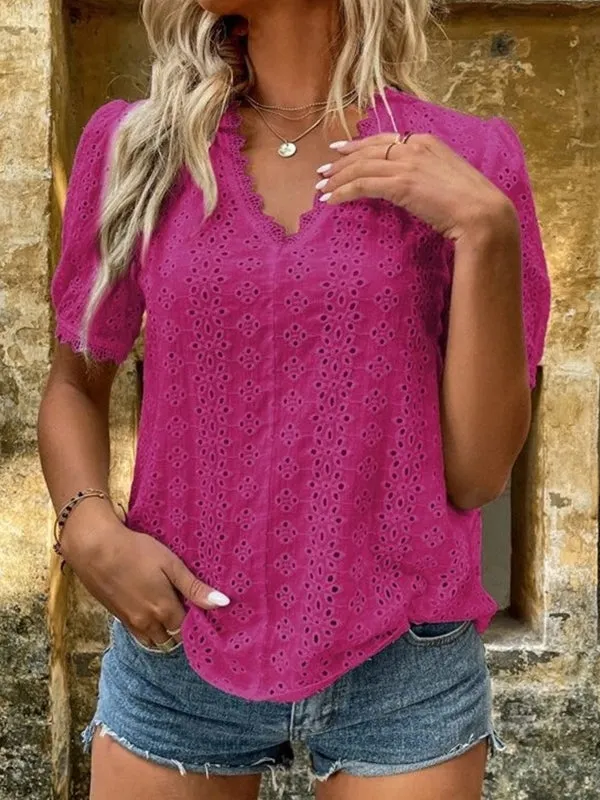Elegant  V-neck Solid Shirt White Blouse