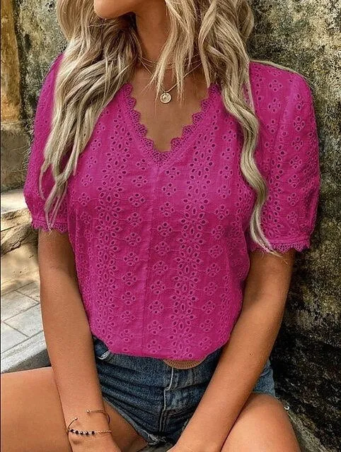 Elegant  V-neck Solid Shirt White Blouse