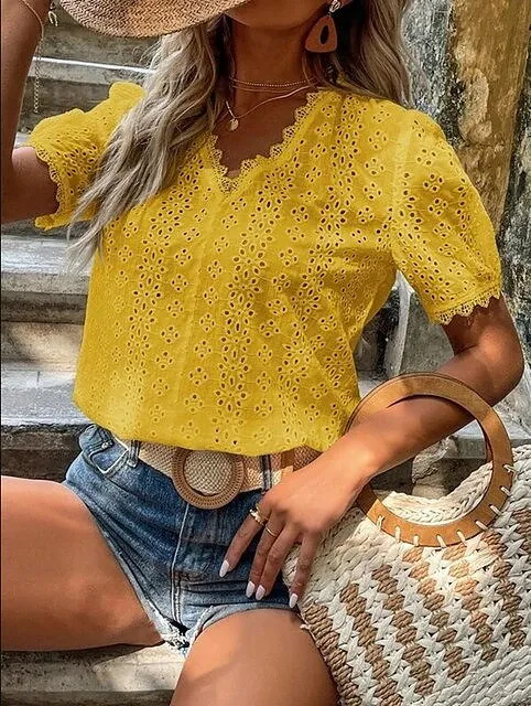 Elegant  V-neck Solid Shirt White Blouse