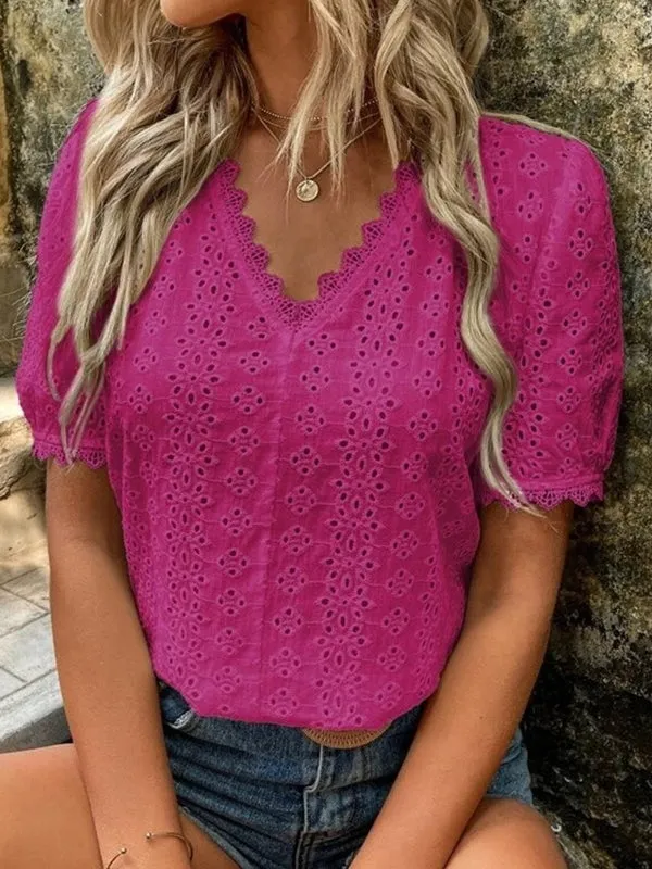Elegant  V-neck Solid Shirt White Blouse