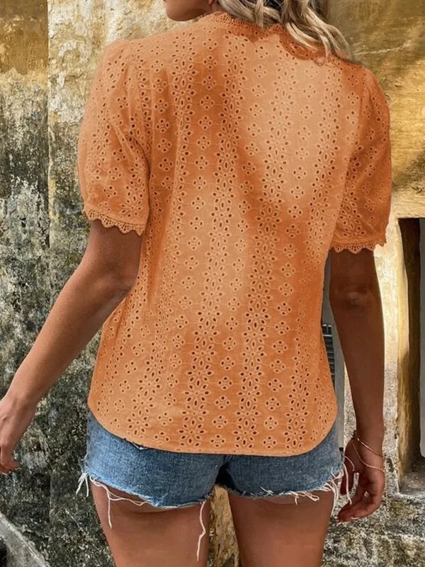 Elegant  V-neck Solid Shirt White Blouse