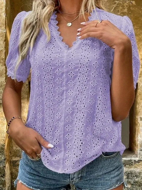 Elegant  V-neck Solid Shirt White Blouse