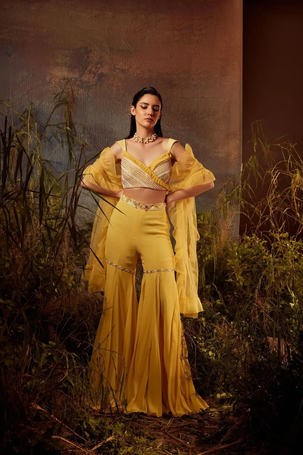 Embroidered bralette with sharara pants set