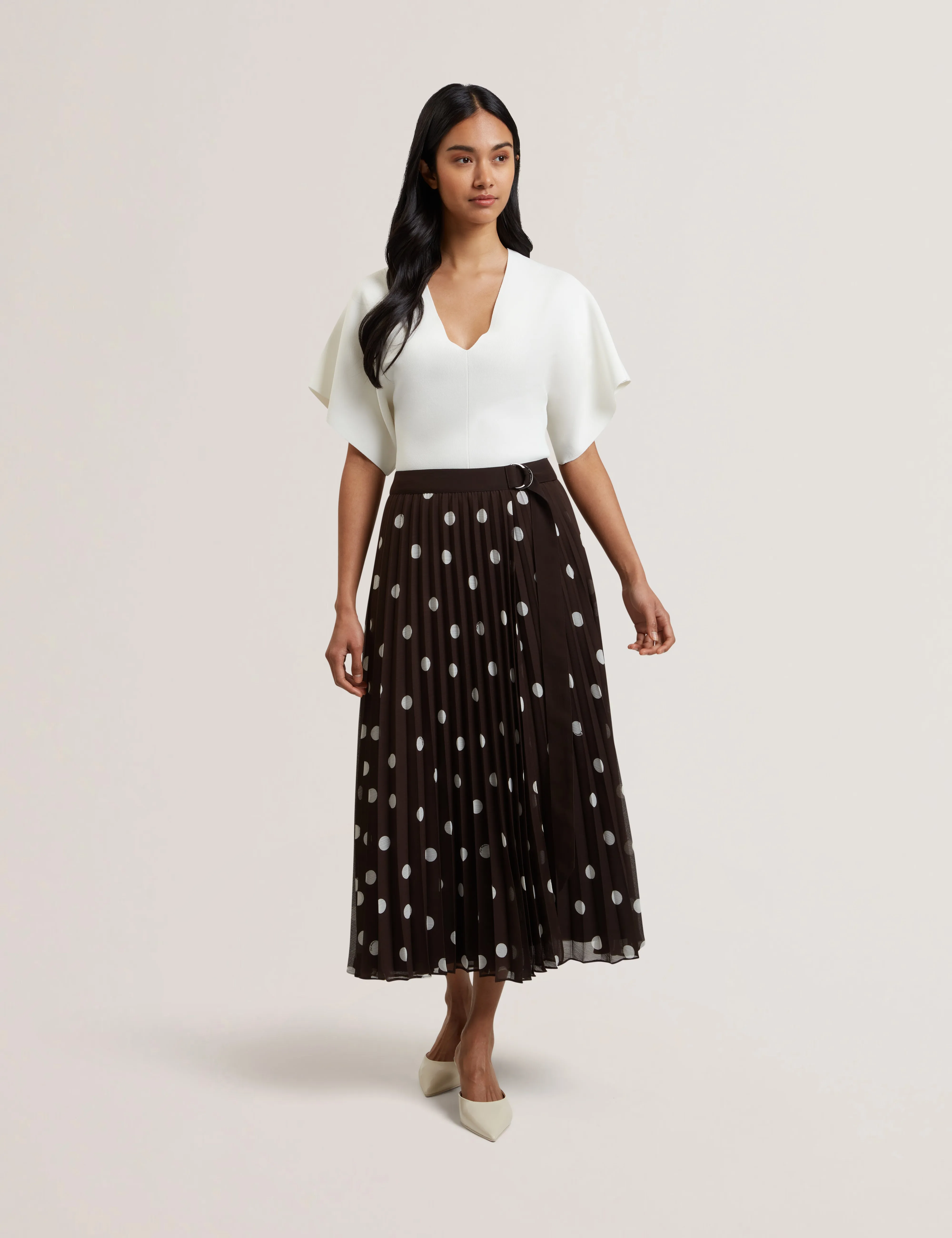Ereo Polka Dot Pleated Midi Skirt Dk-Brown