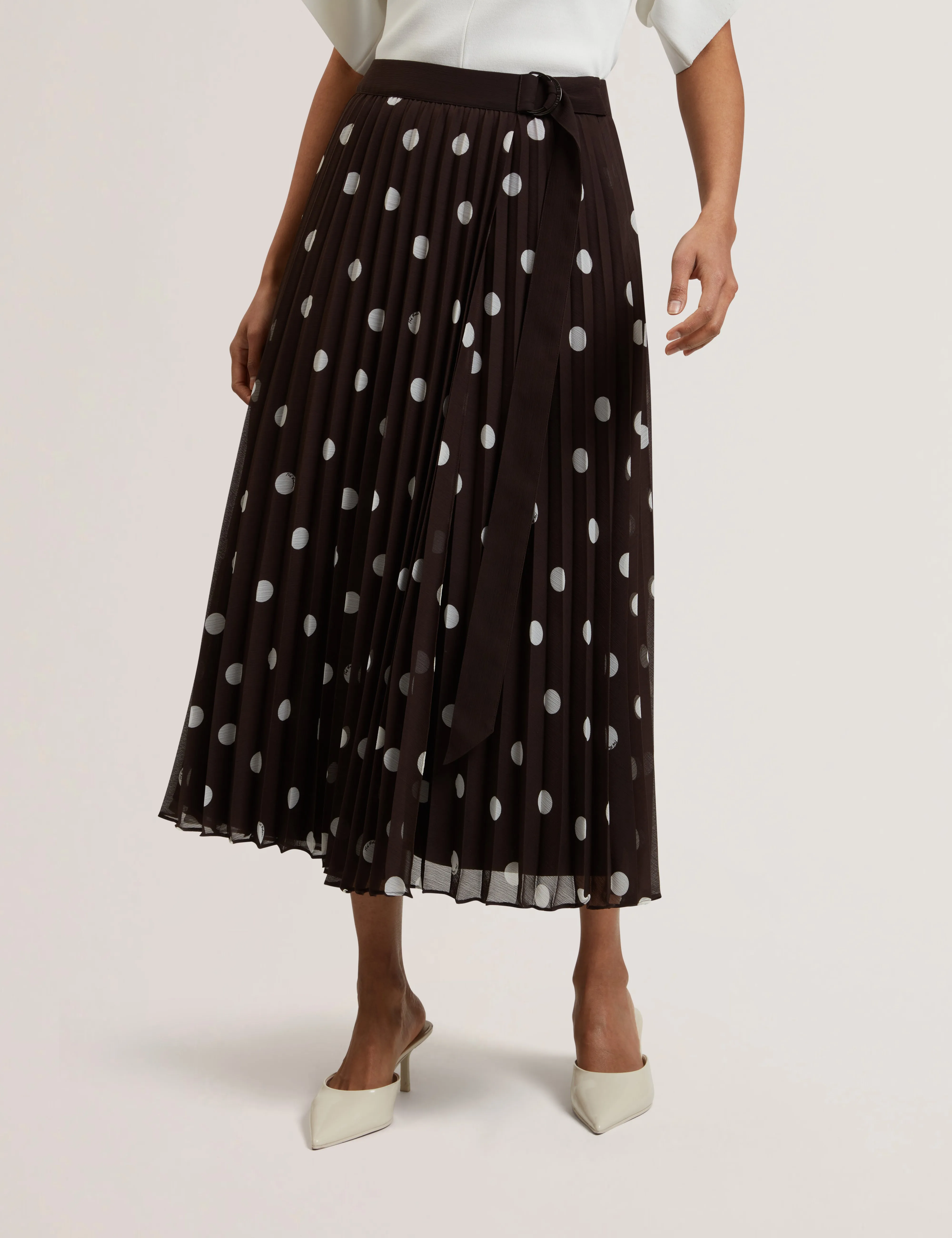 Ereo Polka Dot Pleated Midi Skirt Dk-Brown