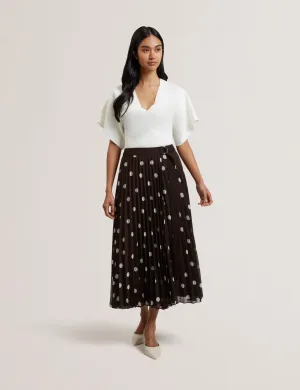 Ereo Polka Dot Pleated Midi Skirt Dk-Brown