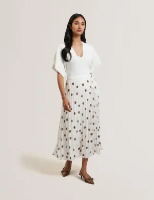 Ereo Polka Dot Pleated Midi Skirt Ivory