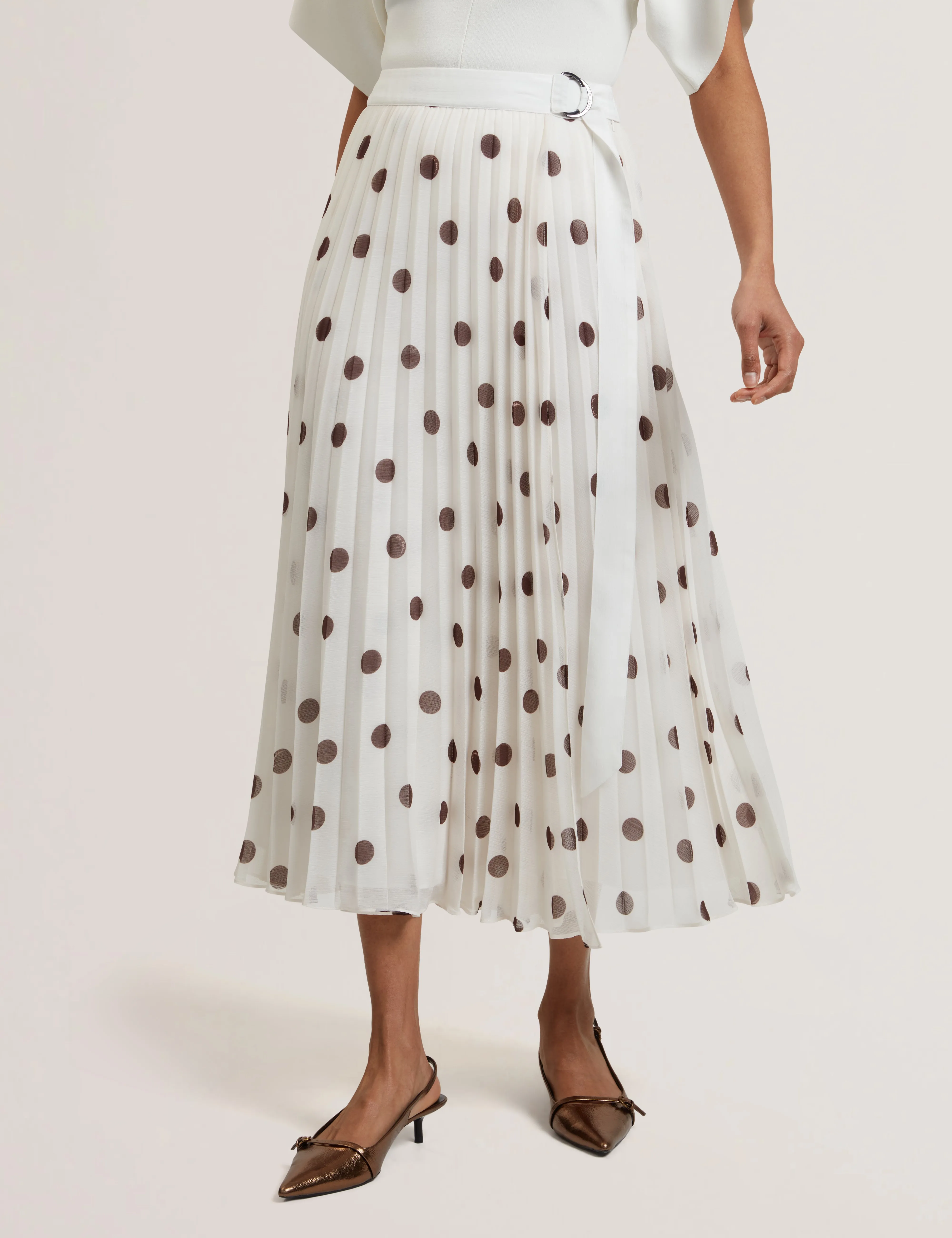 Ereo Polka Dot Pleated Midi Skirt Ivory