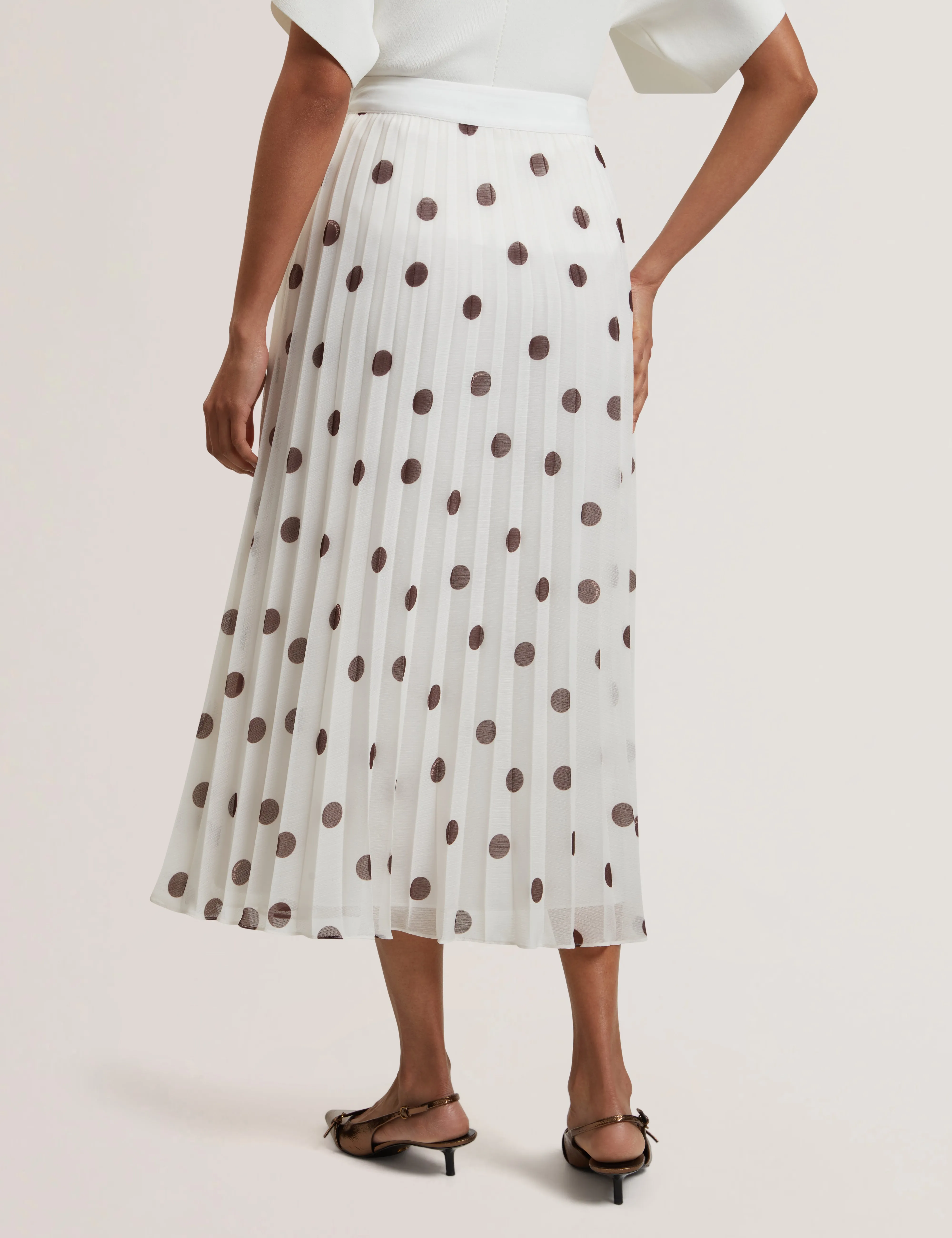 Ereo Polka Dot Pleated Midi Skirt Ivory