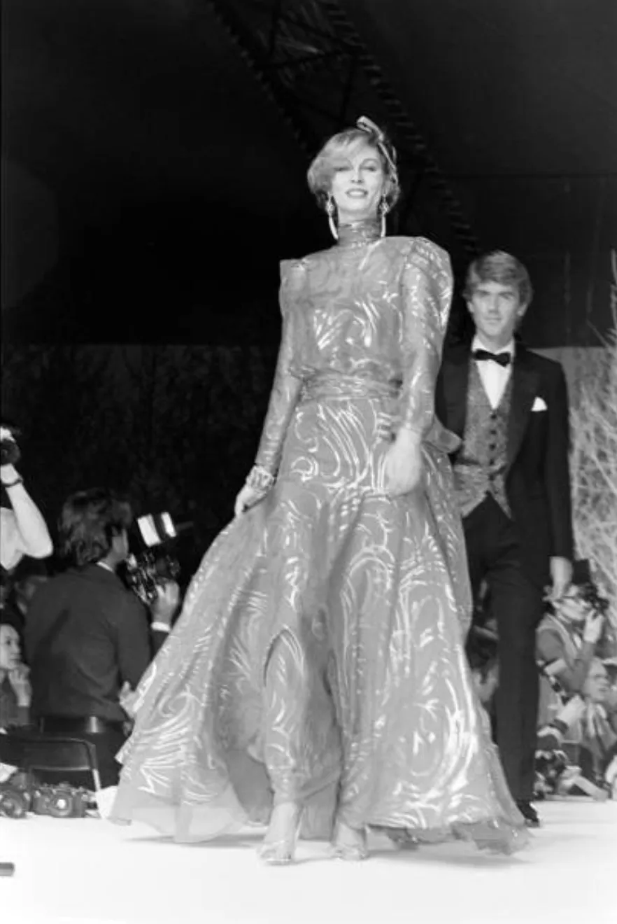 Extraordinary Fall 1979 Christian Dior by Marc Bohan Blue Silk Dress w Metallic Gold & Silver Detail