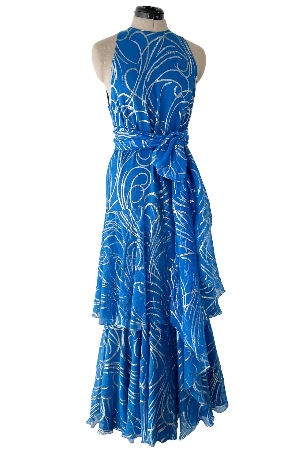 Extraordinary Fall 1979 Christian Dior by Marc Bohan Blue Silk Dress w Metallic Gold & Silver Detail