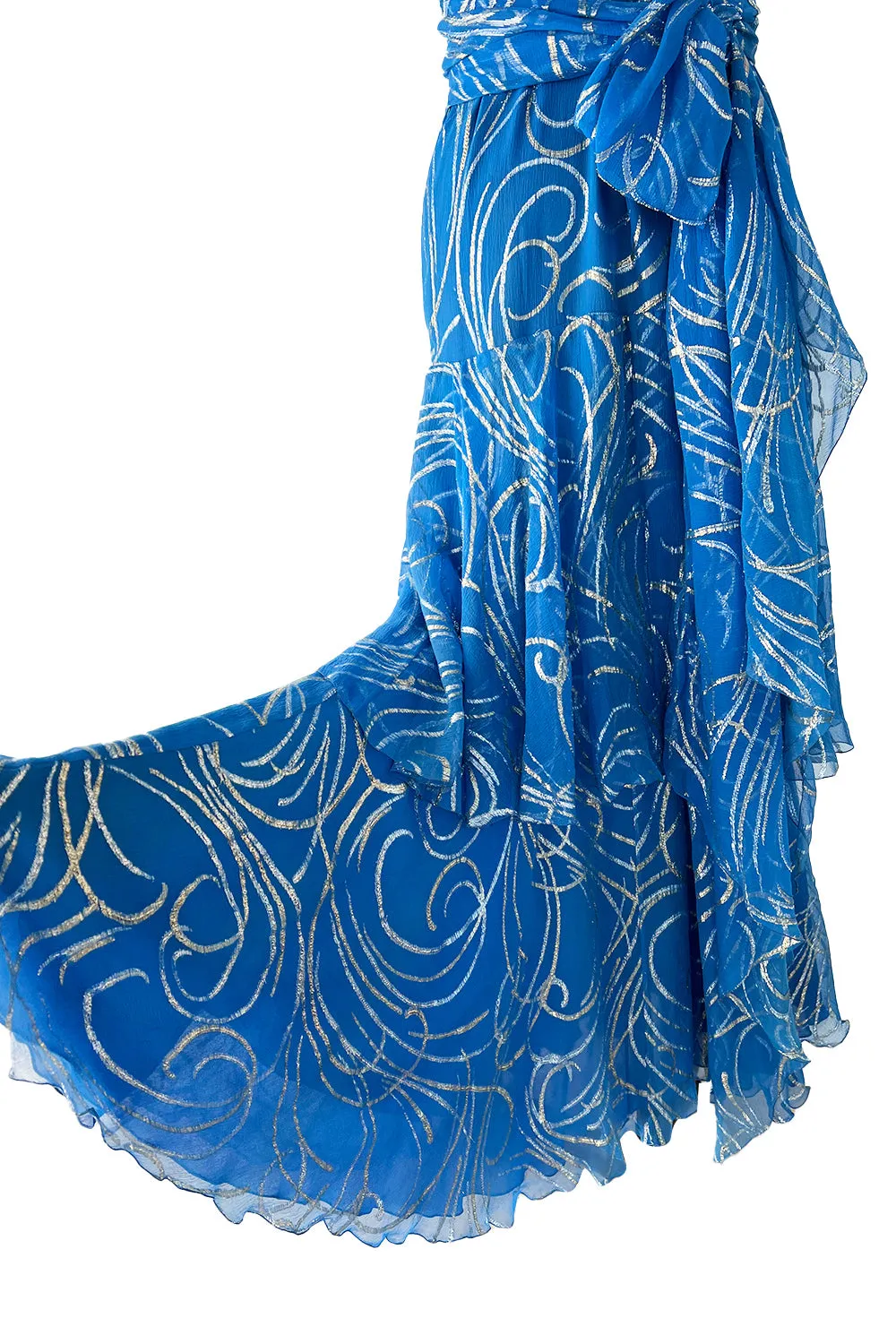 Extraordinary Fall 1979 Christian Dior by Marc Bohan Blue Silk Dress w Metallic Gold & Silver Detail