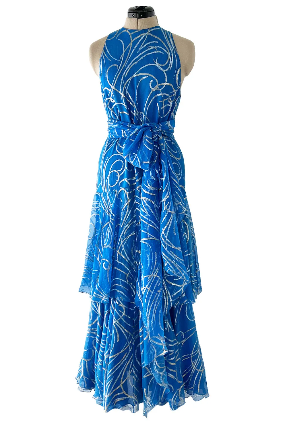 Extraordinary Fall 1979 Christian Dior by Marc Bohan Blue Silk Dress w Metallic Gold & Silver Detail