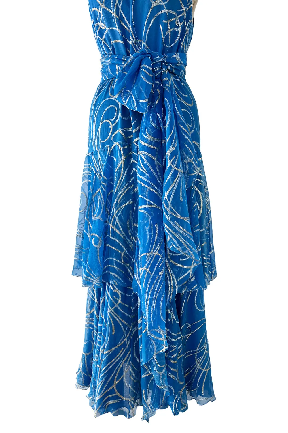 Extraordinary Fall 1979 Christian Dior by Marc Bohan Blue Silk Dress w Metallic Gold & Silver Detail