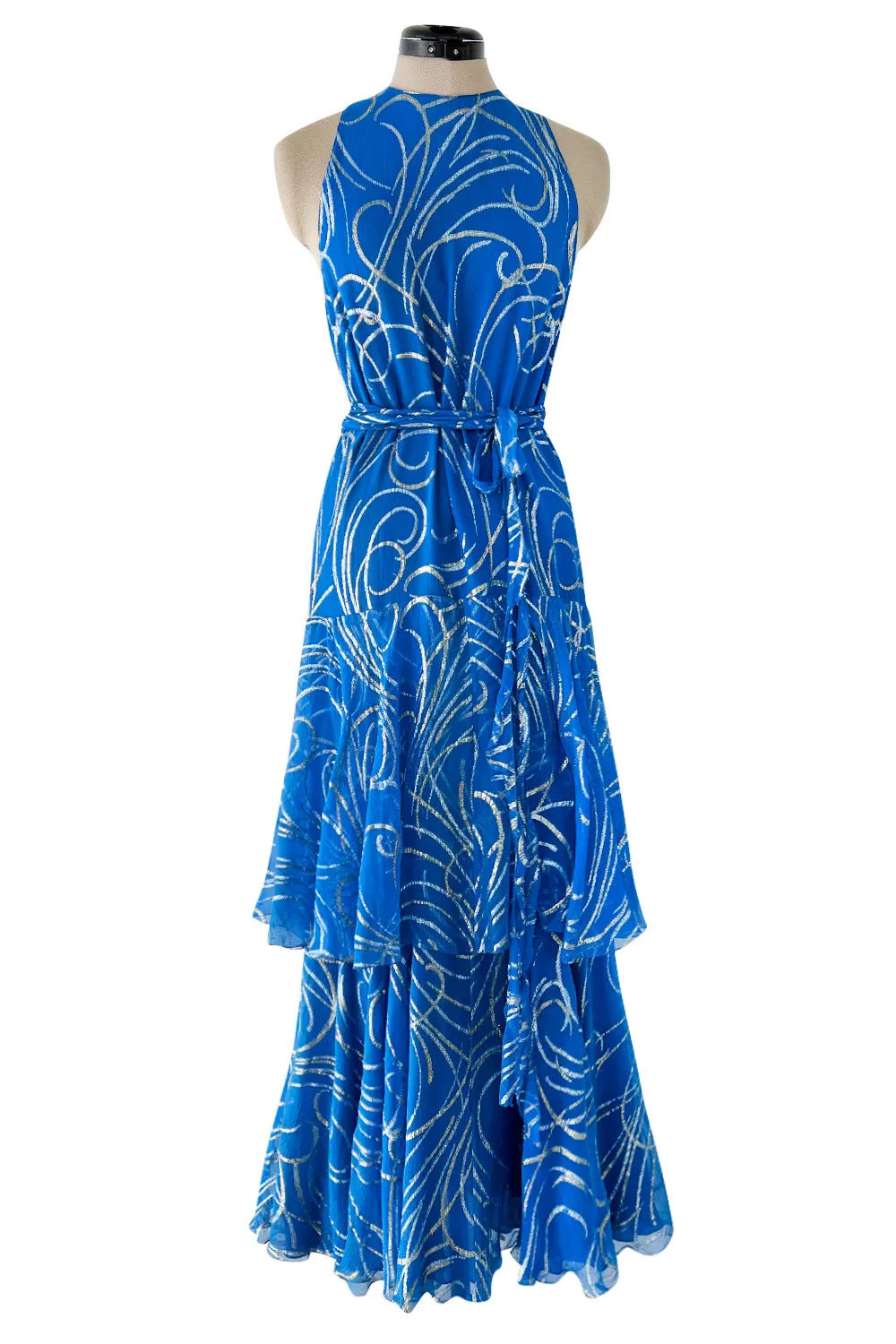 Extraordinary Fall 1979 Christian Dior by Marc Bohan Blue Silk Dress w Metallic Gold & Silver Detail