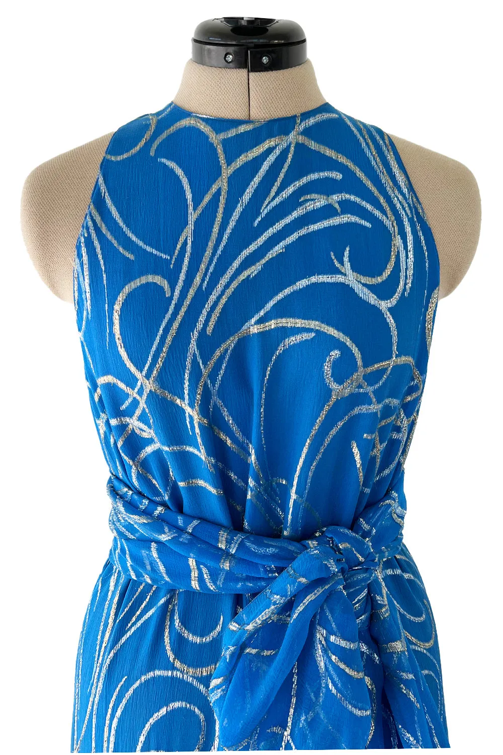 Extraordinary Fall 1979 Christian Dior by Marc Bohan Blue Silk Dress w Metallic Gold & Silver Detail
