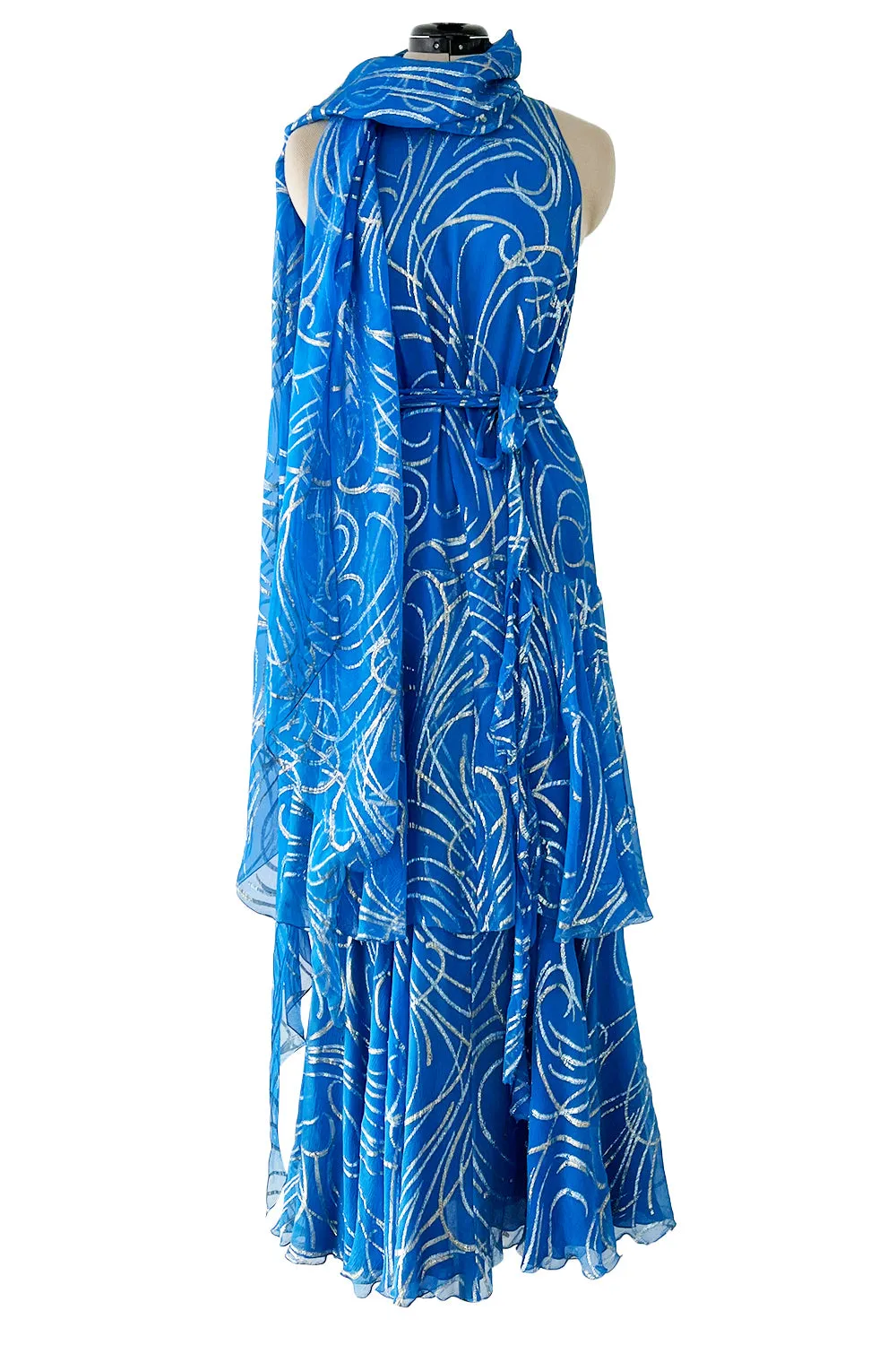 Extraordinary Fall 1979 Christian Dior by Marc Bohan Blue Silk Dress w Metallic Gold & Silver Detail
