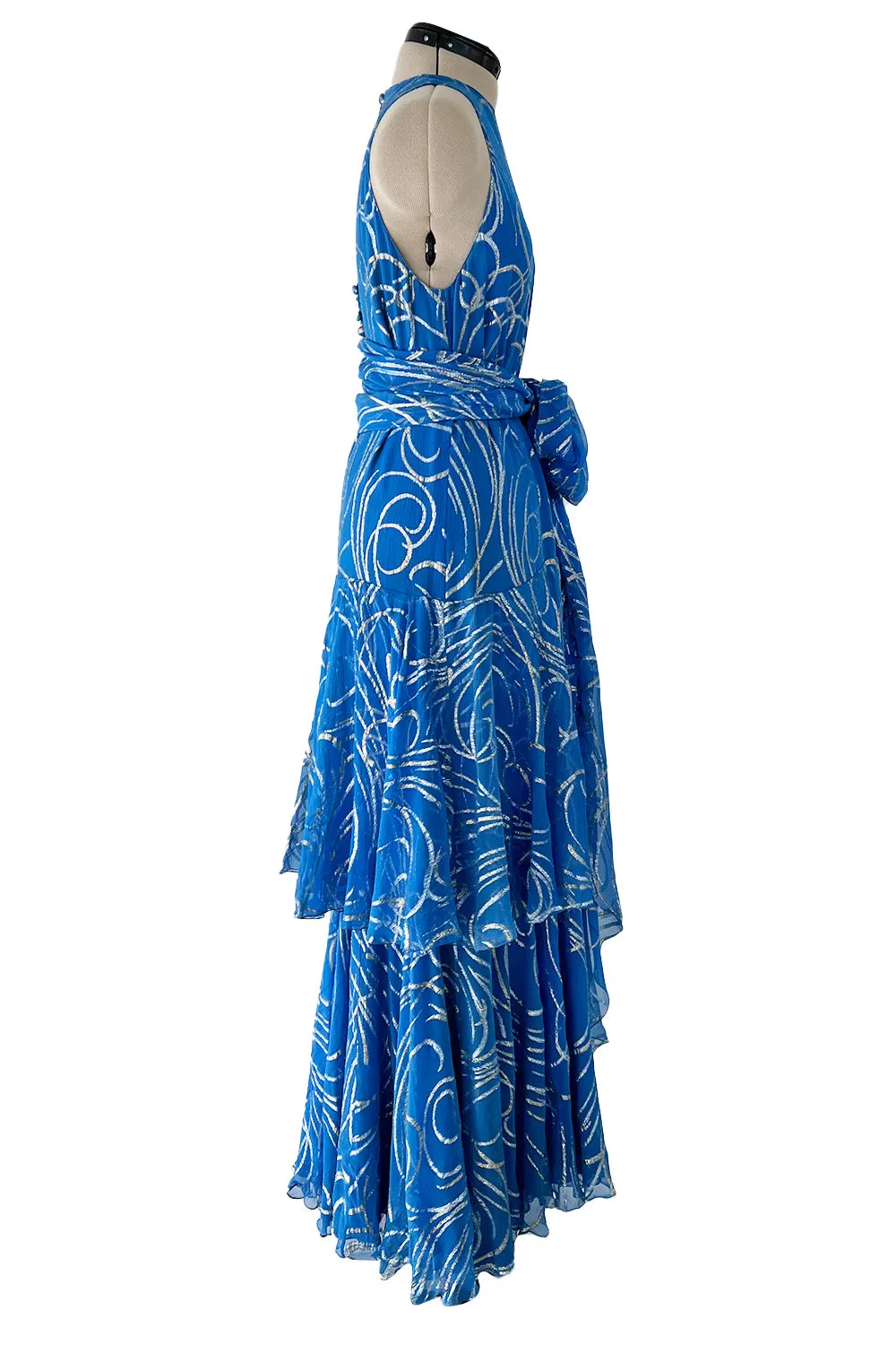 Extraordinary Fall 1979 Christian Dior by Marc Bohan Blue Silk Dress w Metallic Gold & Silver Detail