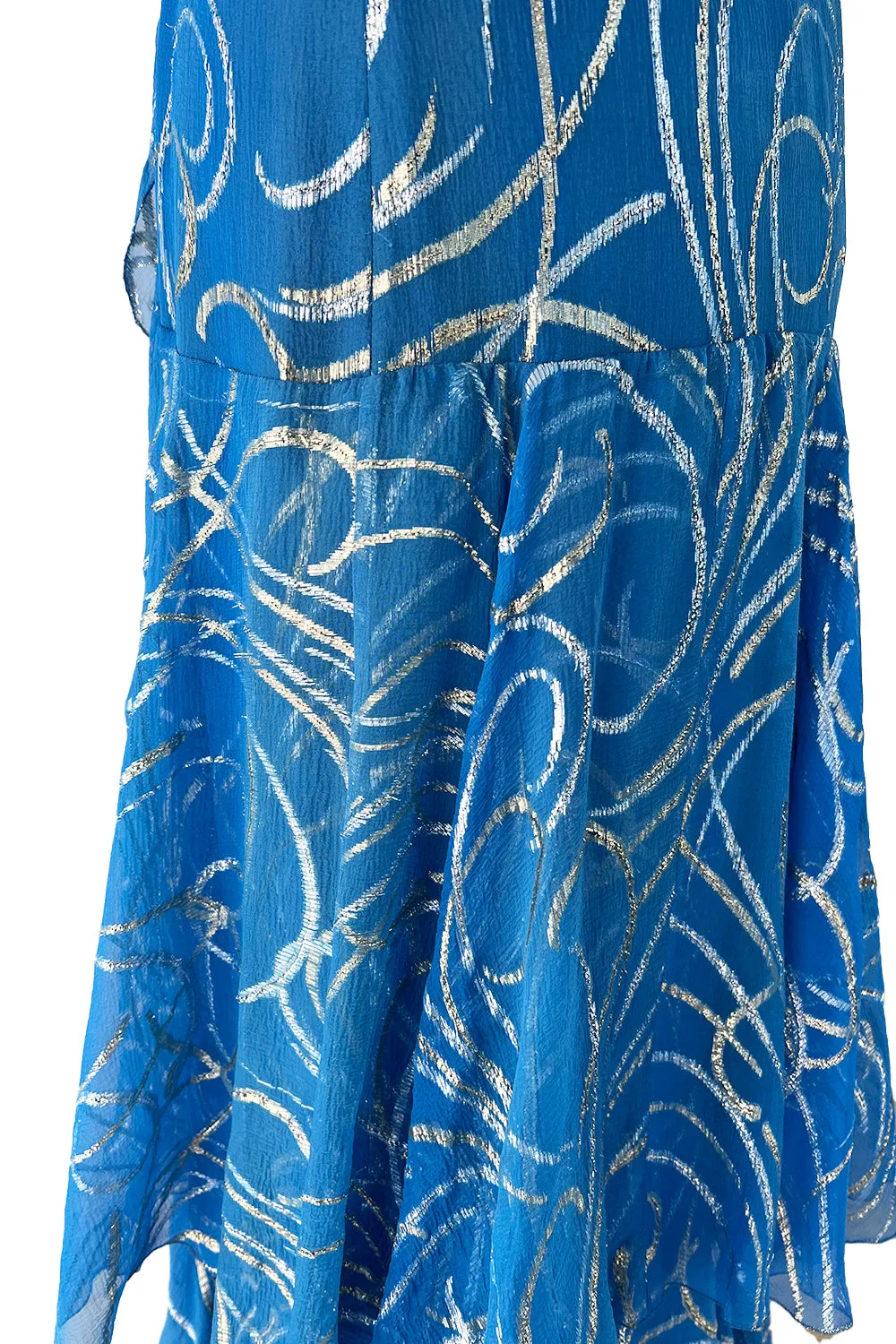 Extraordinary Fall 1979 Christian Dior by Marc Bohan Blue Silk Dress w Metallic Gold & Silver Detail