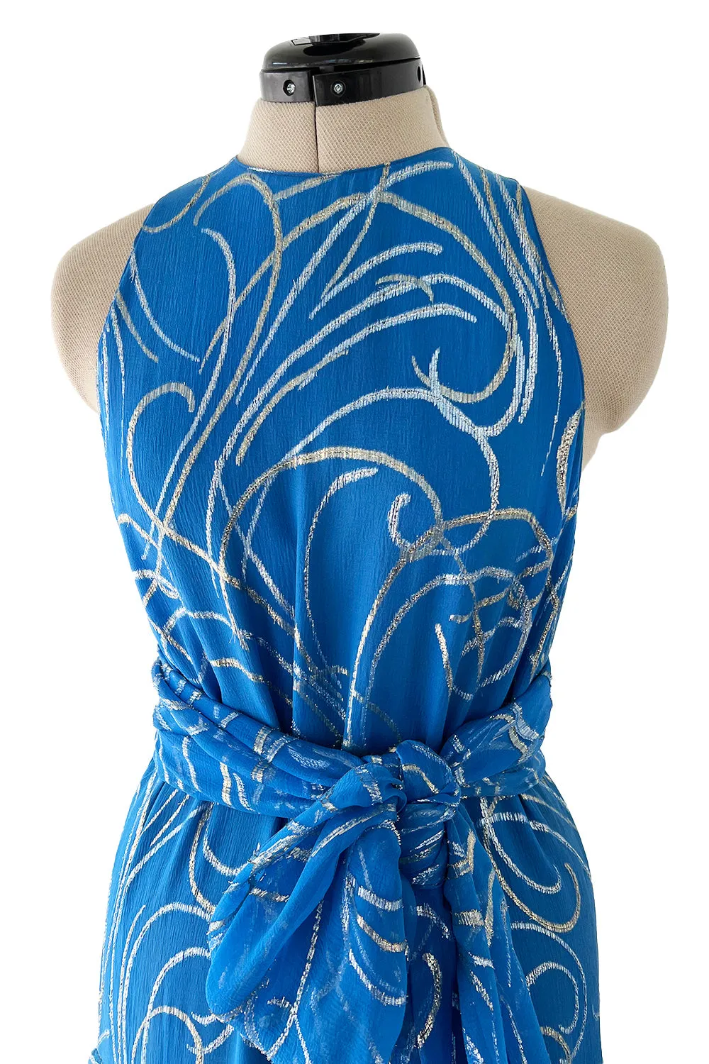 Extraordinary Fall 1979 Christian Dior by Marc Bohan Blue Silk Dress w Metallic Gold & Silver Detail