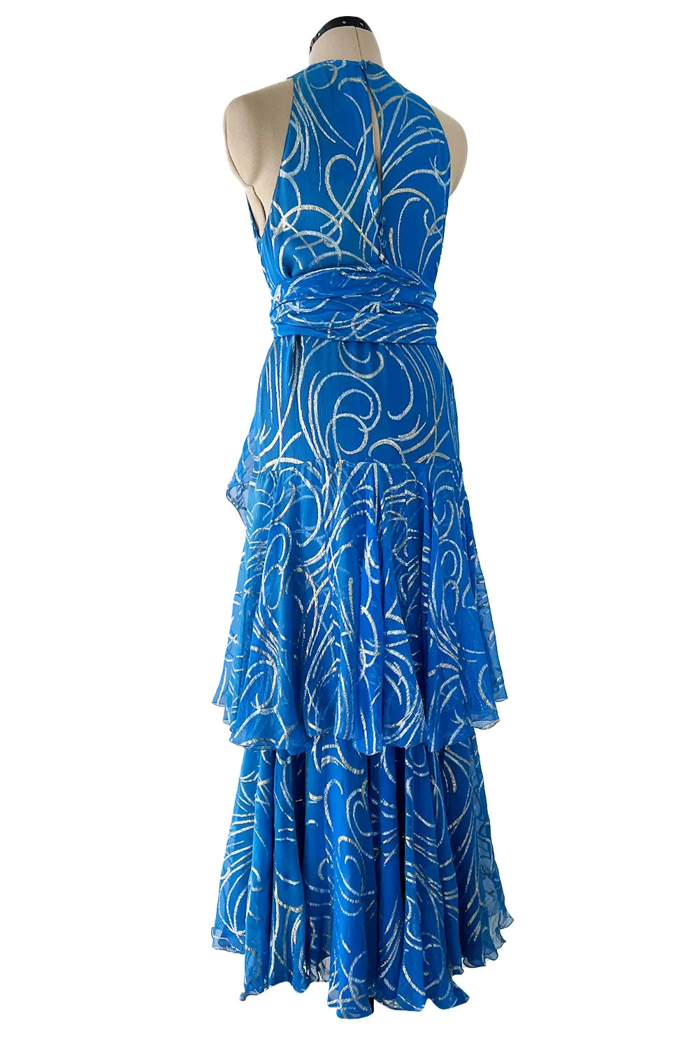 Extraordinary Fall 1979 Christian Dior by Marc Bohan Blue Silk Dress w Metallic Gold & Silver Detail