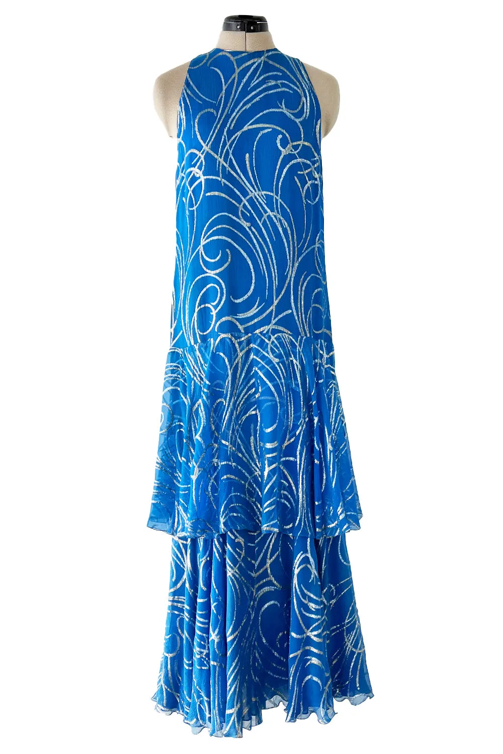 Extraordinary Fall 1979 Christian Dior by Marc Bohan Blue Silk Dress w Metallic Gold & Silver Detail