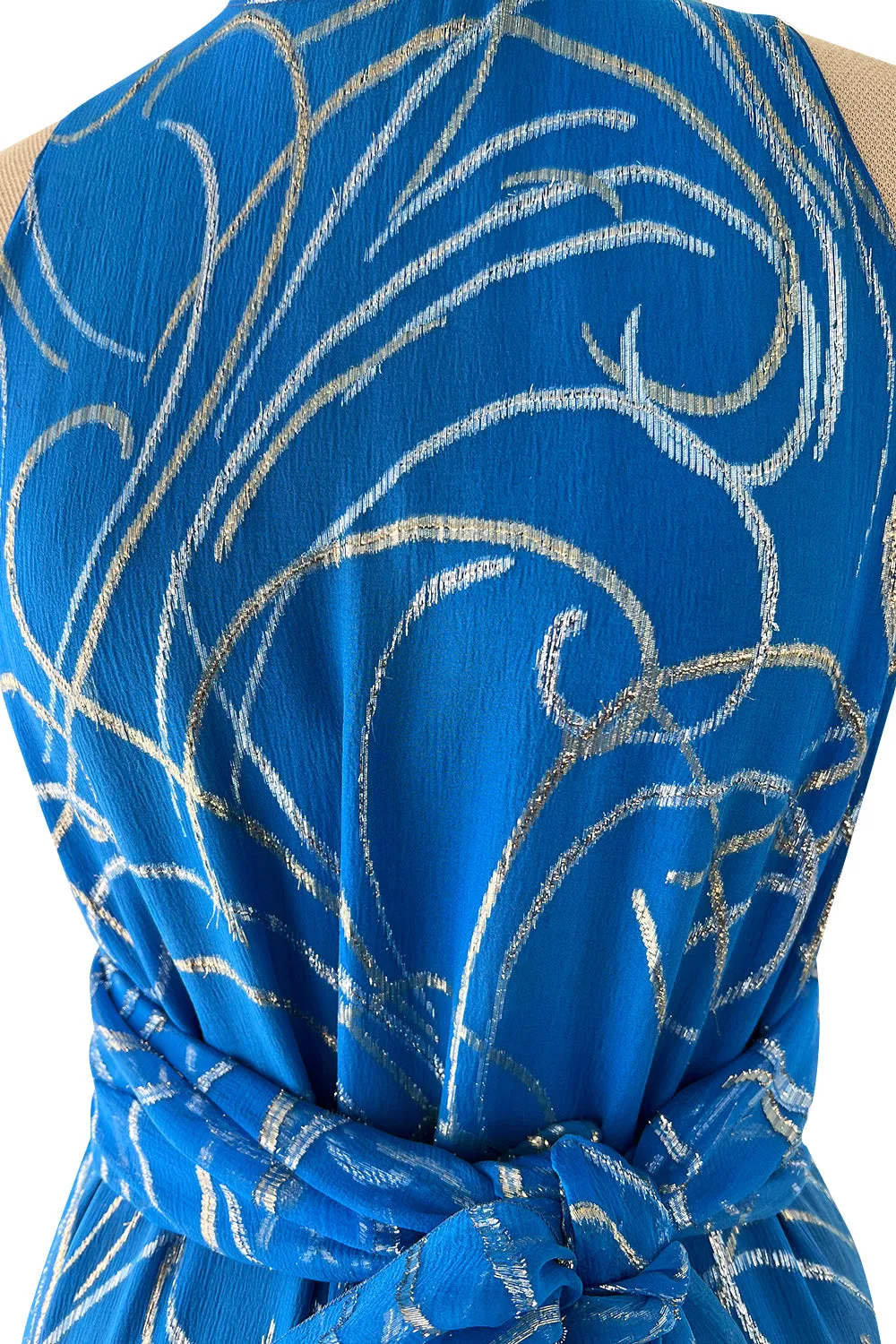 Extraordinary Fall 1979 Christian Dior by Marc Bohan Blue Silk Dress w Metallic Gold & Silver Detail