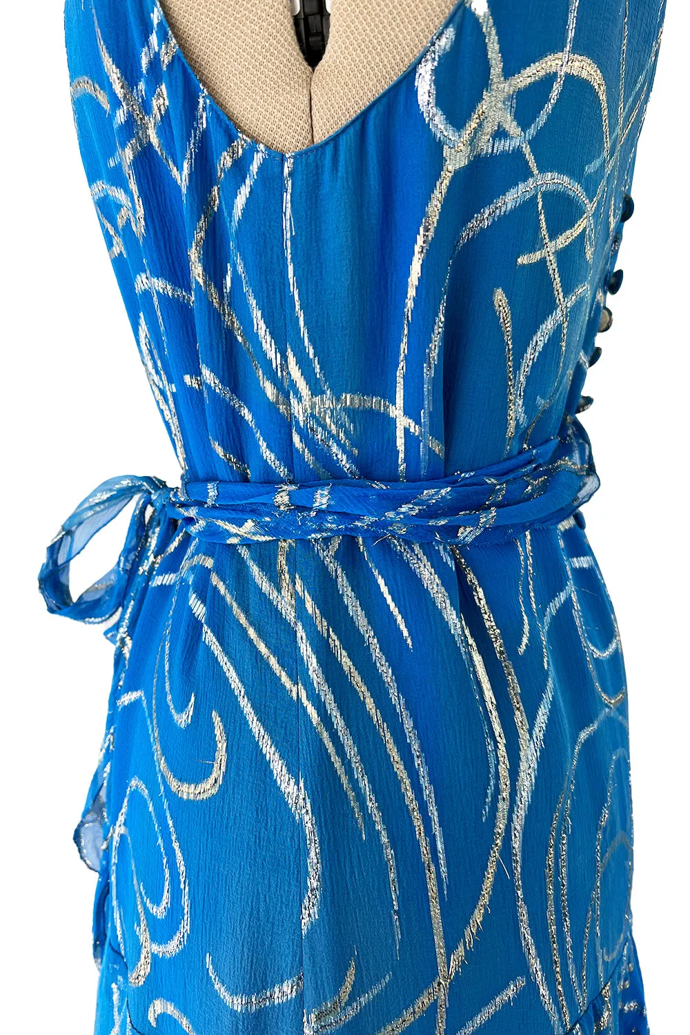 Extraordinary Fall 1979 Christian Dior by Marc Bohan Blue Silk Dress w Metallic Gold & Silver Detail