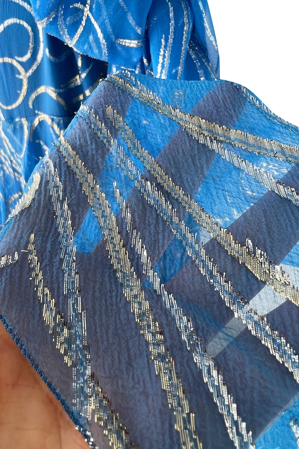 Extraordinary Fall 1979 Christian Dior by Marc Bohan Blue Silk Dress w Metallic Gold & Silver Detail