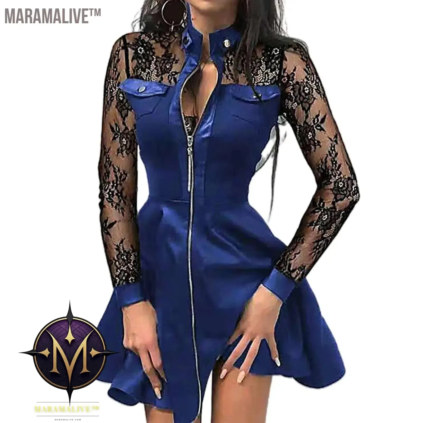 Fashion Dresses Women Lace Long Sleeve Zipper Pocket Large Hem Faux Leather Mini Dress Party elegant slim Sexy Women Dress