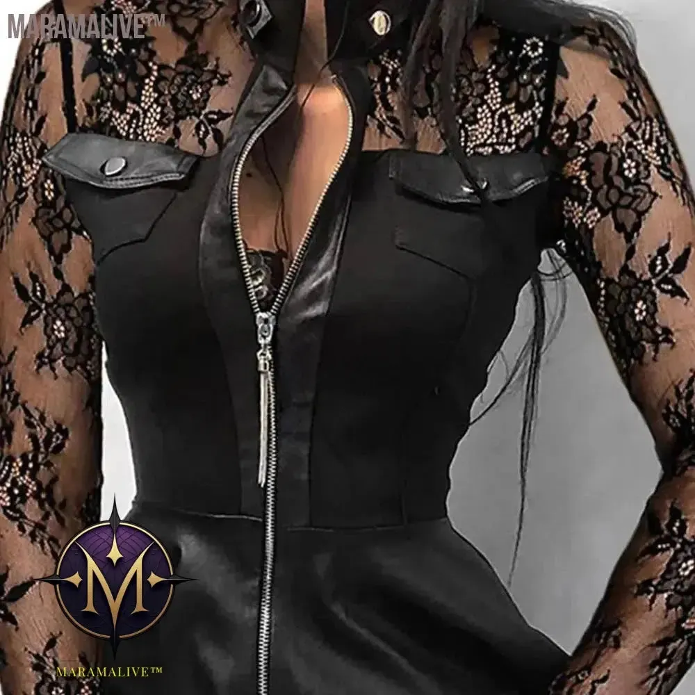 Fashion Dresses Women Lace Long Sleeve Zipper Pocket Large Hem Faux Leather Mini Dress Party elegant slim Sexy Women Dress