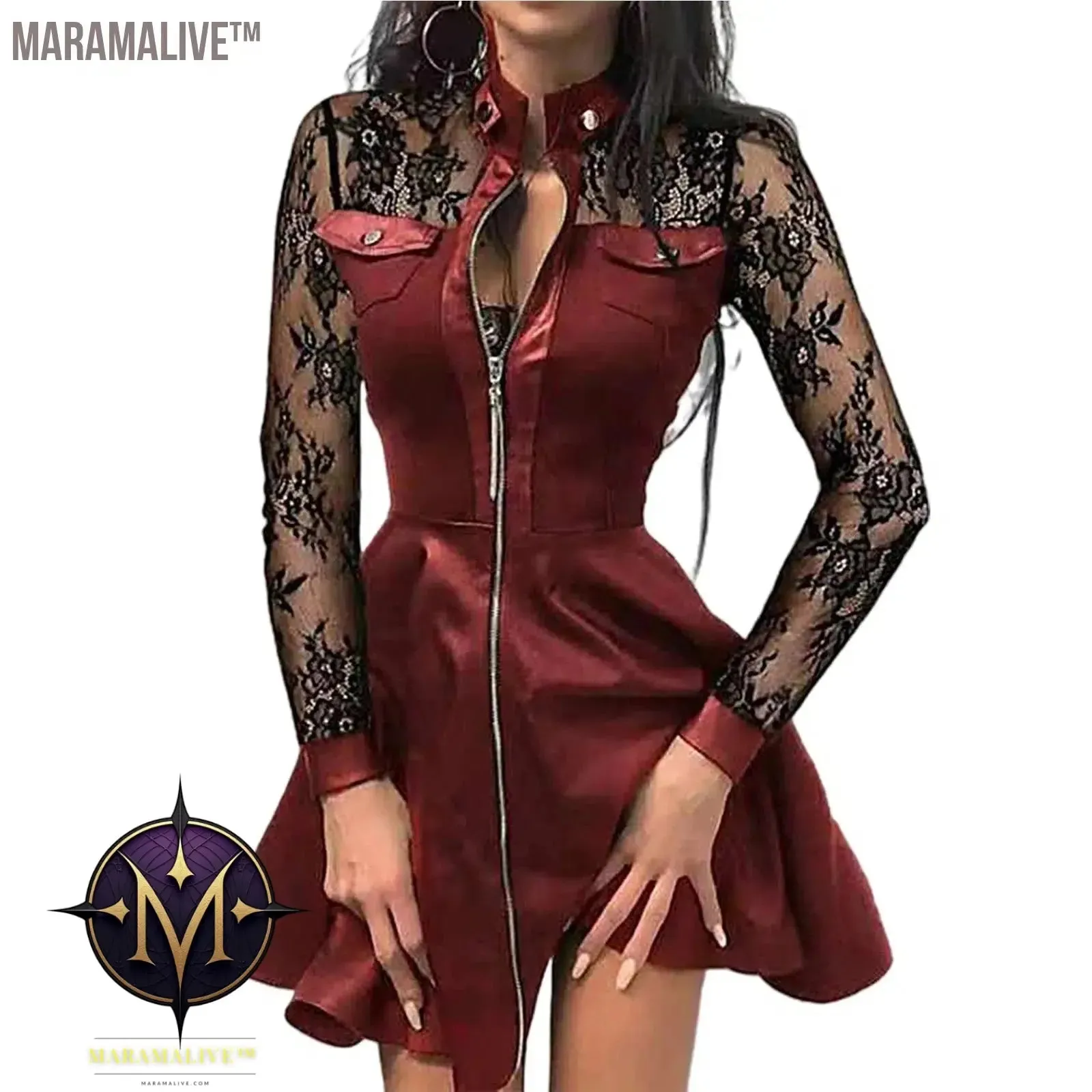 Fashion Dresses Women Lace Long Sleeve Zipper Pocket Large Hem Faux Leather Mini Dress Party elegant slim Sexy Women Dress