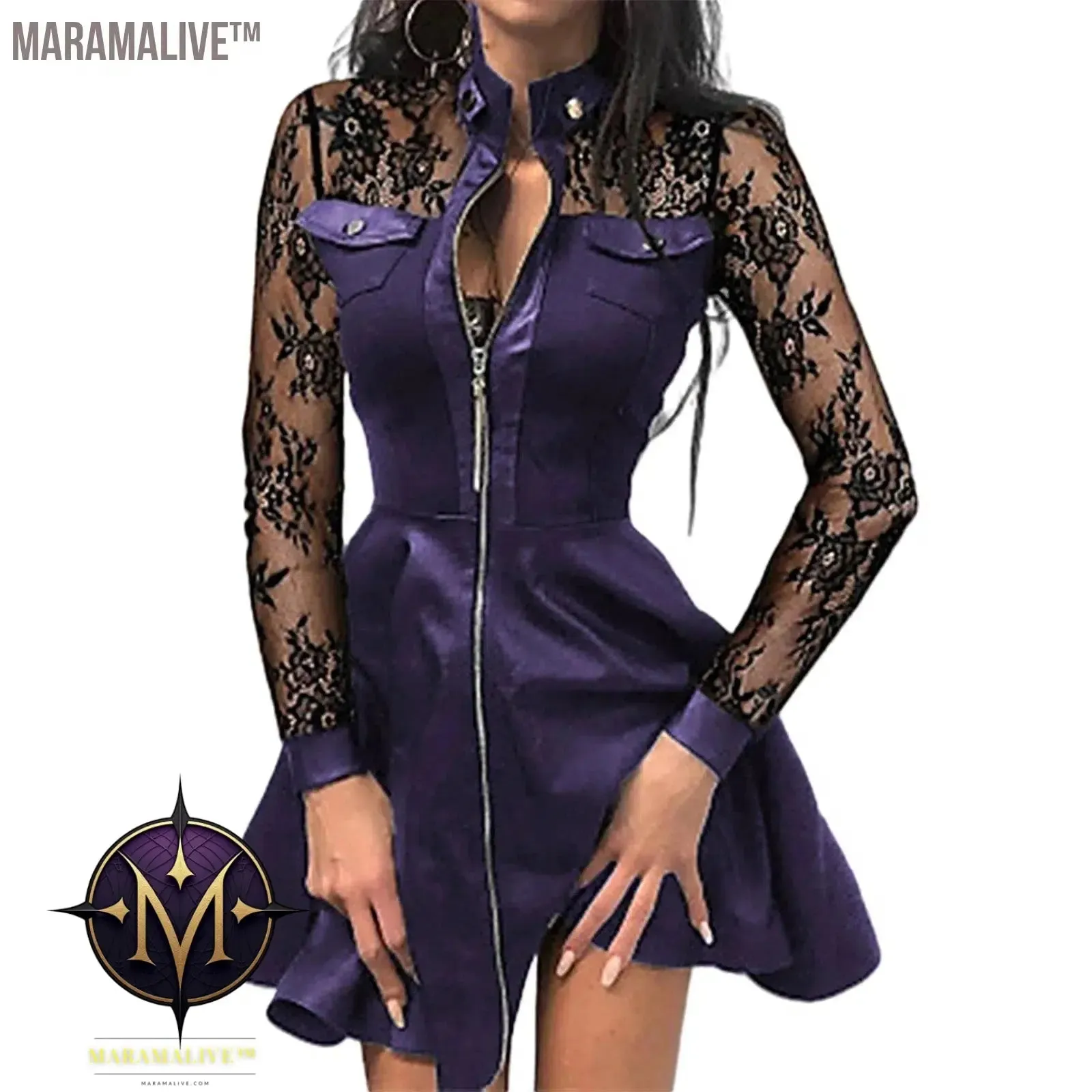 Fashion Dresses Women Lace Long Sleeve Zipper Pocket Large Hem Faux Leather Mini Dress Party elegant slim Sexy Women Dress