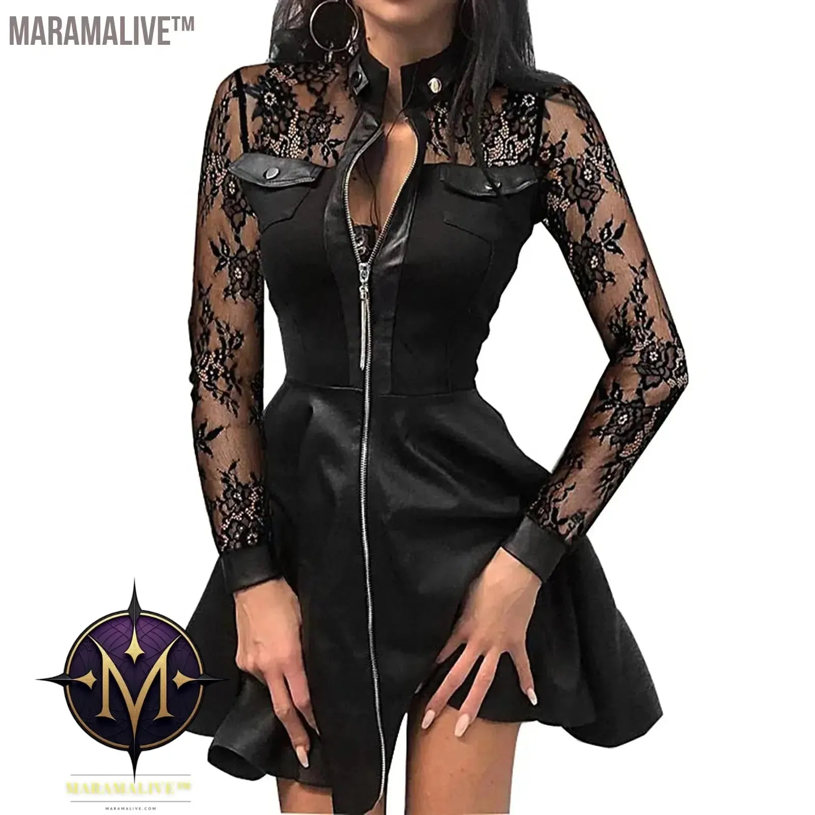 Fashion Dresses Women Lace Long Sleeve Zipper Pocket Large Hem Faux Leather Mini Dress Party elegant slim Sexy Women Dress