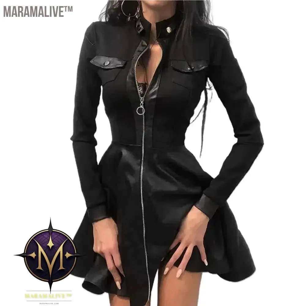 Fashion Dresses Women Lace Long Sleeve Zipper Pocket Large Hem Faux Leather Mini Dress Party elegant slim Sexy Women Dress