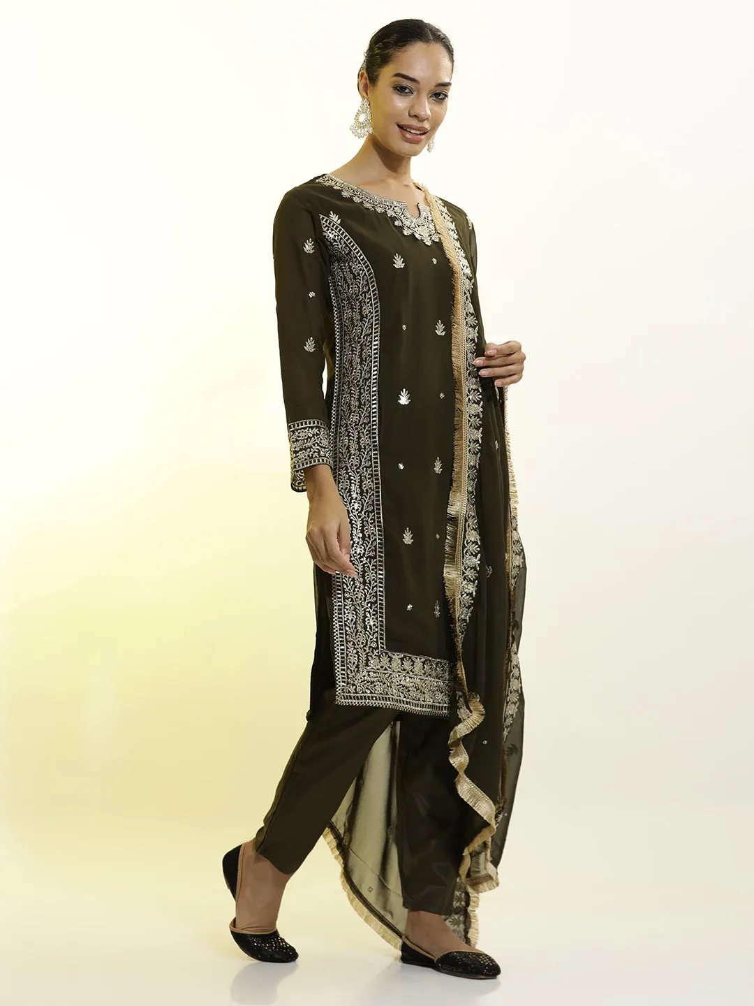 Festive Embroidered Georgette Party Wear Kurta Set With Dupatta