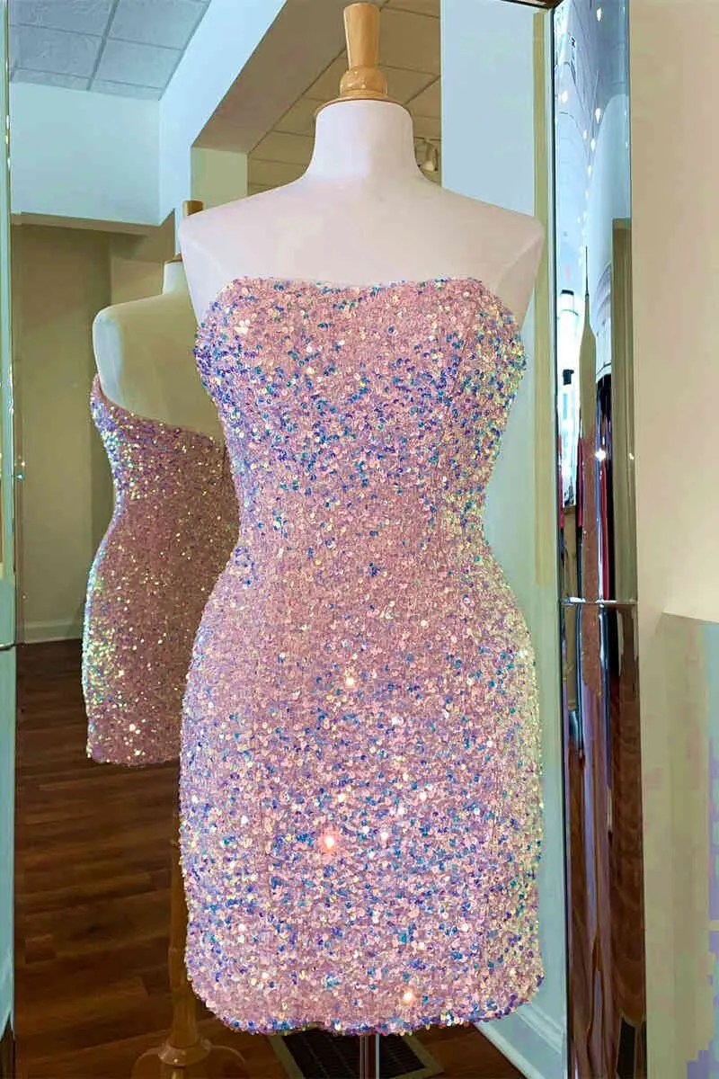 Fitted Strapless Sequined Mini Homecoming Dresses